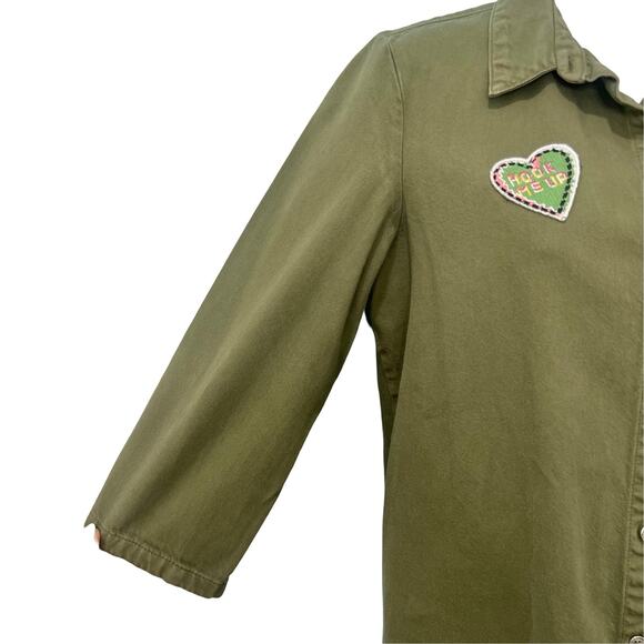Zara Olive Green Patches Denim Button Down 3/4 Sleeve Shirt Dress sz S Trafaluc - Picture 8 of 13